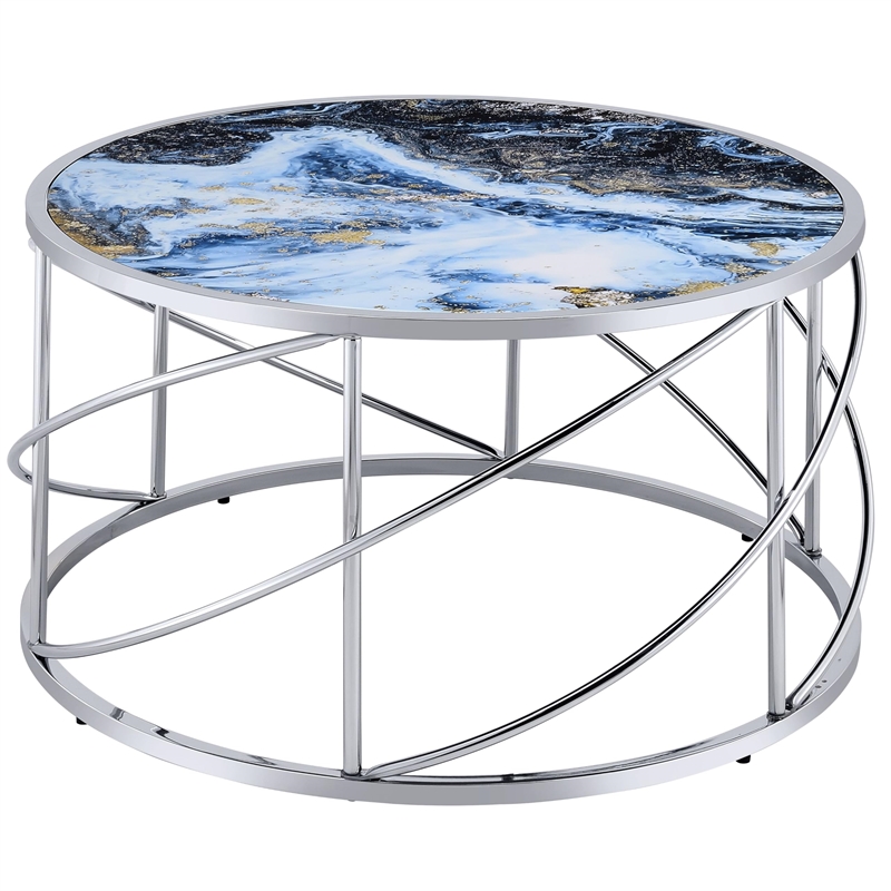 ACME Lyda Contemporary Metal/Marble Coffee Table in Blue Print and Chrome
