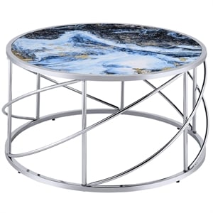 ACME Lyda Contemporary Metal/Marble Coffee Table in Blue Print and Chrome