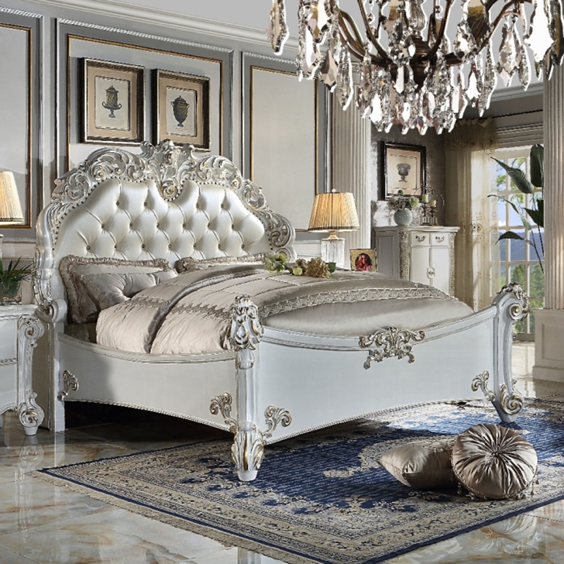 ACME Vendome Leather Upholstered Tufted Eastern King Bed in Antique Pearl
