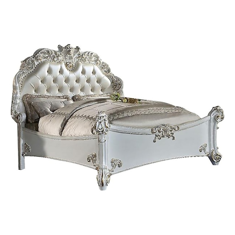 ACME Vendome Leather Upholstered Tufted Eastern King Bed in Antique Pearl