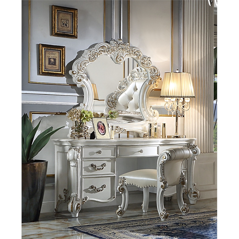 ACME Vendome Transitional Wood Vanity Desk in Beige and Antique Pearl