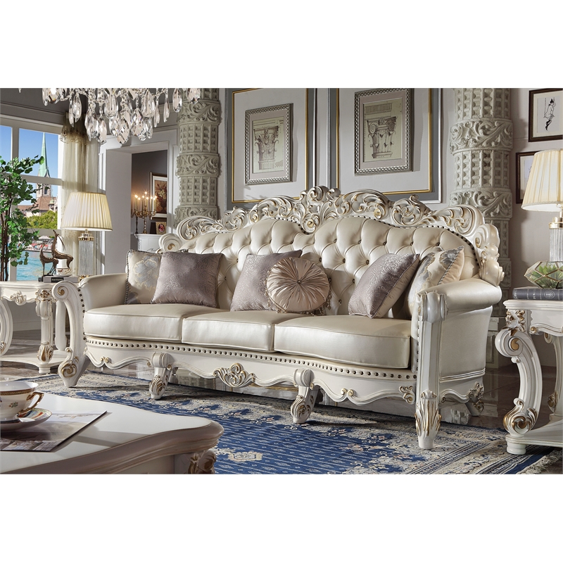 ACME Vendome Leather Upholstered Oversized Sofa with 6 Pillows in Pearl