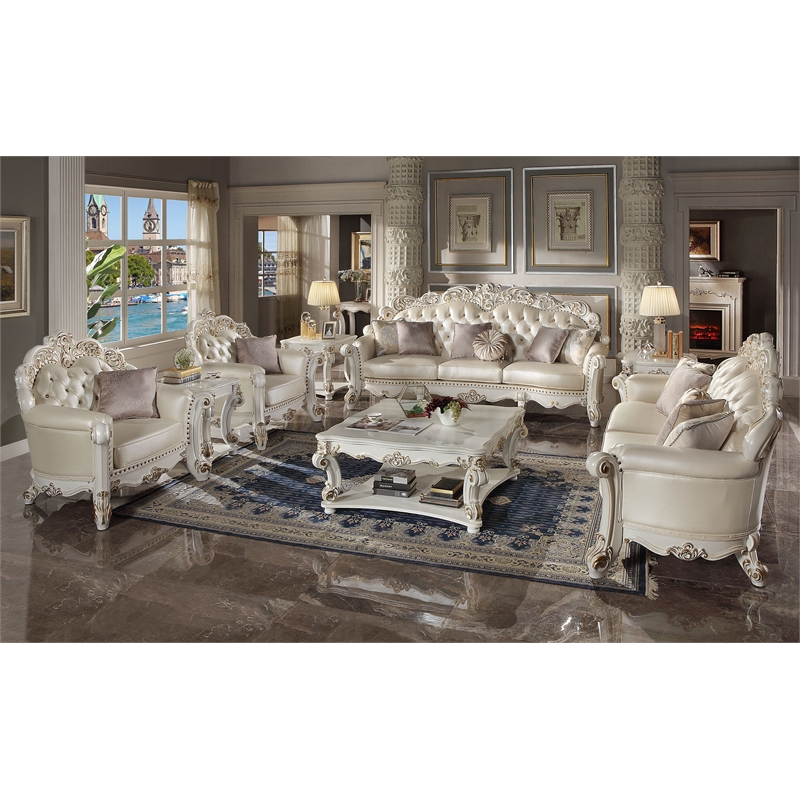 ACME Vendome Leather Upholstered Oversized Sofa with 6 Pillows in Pearl