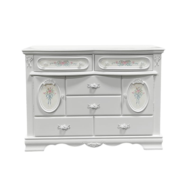 ACME Flora Wood Dresser with 6 Drawers and 2 Side Compartments in White