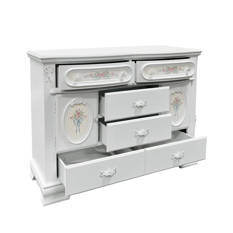 ACME Flora Wood Dresser with 6 Drawers and 2 Side Compartments in White