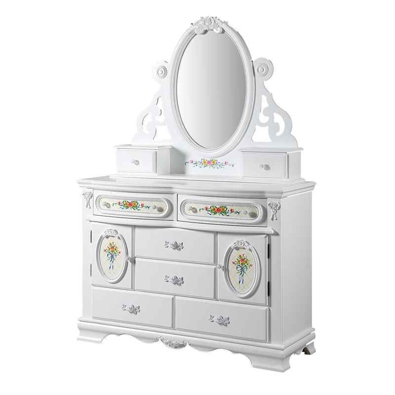 ACME Flora Wood Dresser with 6 Drawers and 2 Side Compartments in White