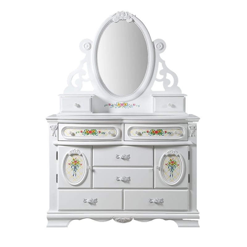 ACME Flora Wood Dresser with 6 Drawers and 2 Side Compartments in White