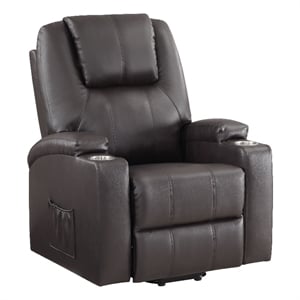 acme evander transitional leather upholstered power lift recliner in brown