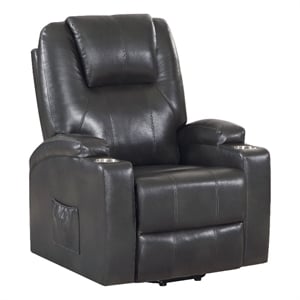 acme evander transitional leather upholstered power lift recliner in gunmetal