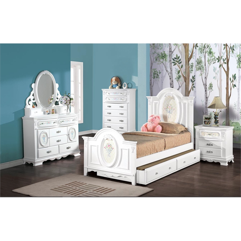 ACME Flora Contemporary Wooden Mirror with 2 Jewelry Drawers in White