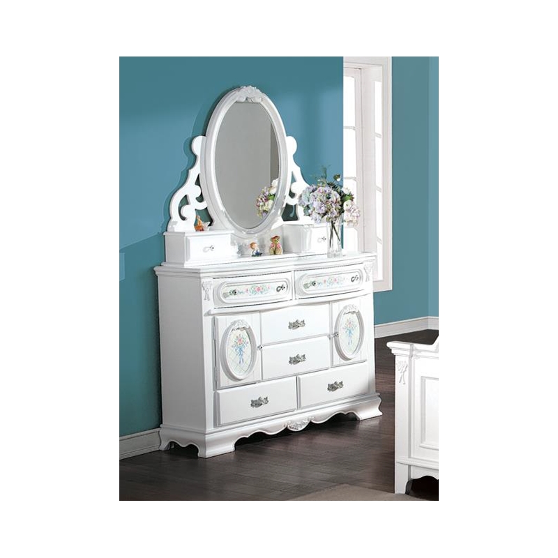 ACME Flora Contemporary Wooden Mirror with 2 Jewelry Drawers in White