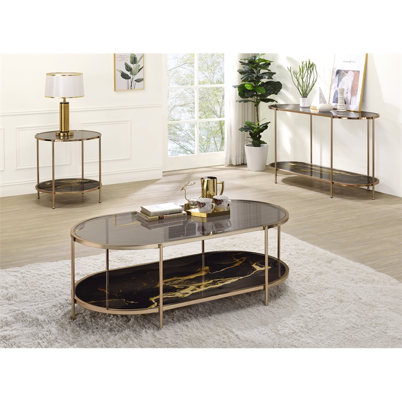 ACME Fiorella Metal/Glass/Marble Coffee Table in Black Paint and Gold