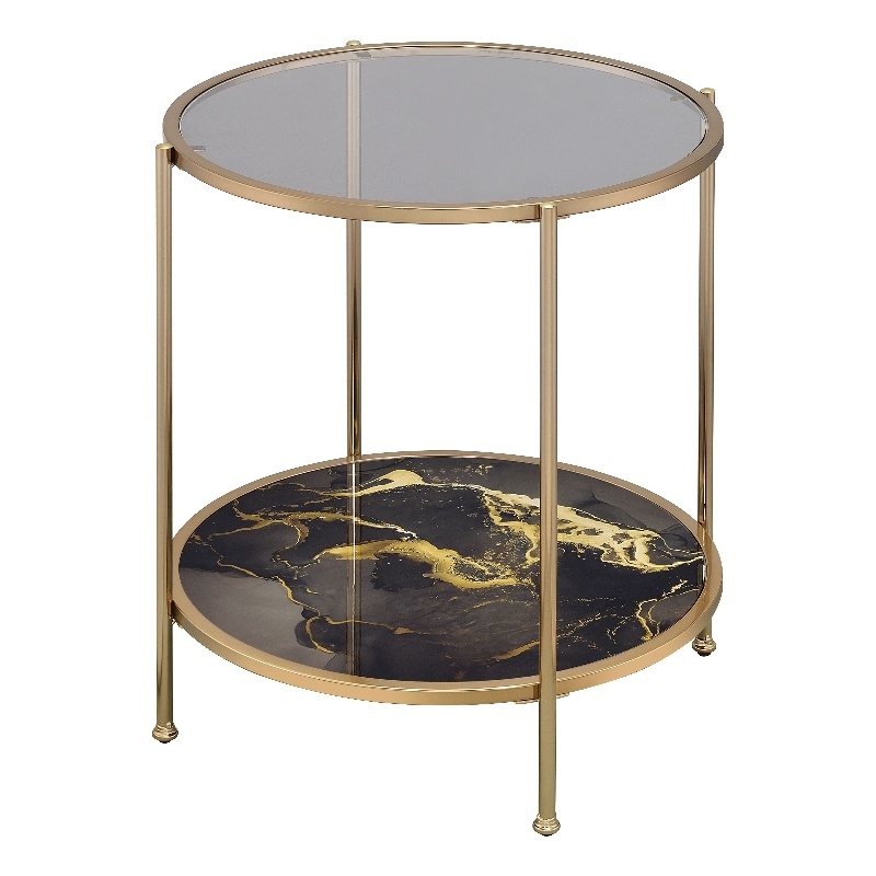 ACME Fiorella Metal/Glass/Mable End Table in Black Paint and Gold