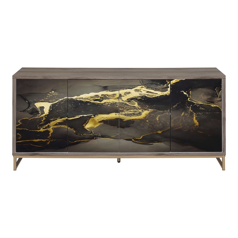 ACME Payo Wood/Metal Console Cabinet in Black Marble Paint/Oak & Champagne