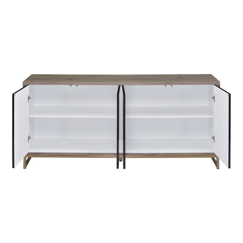 ACME Payo Wood/Metal Console Cabinet in Black Marble Paint/Oak & Champagne