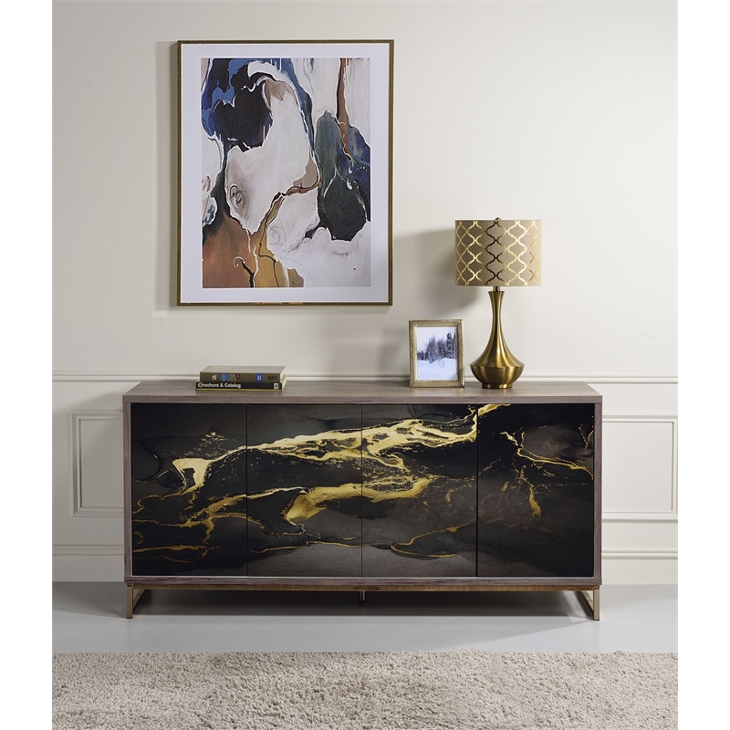 ACME Payo Wood/Metal Console Cabinet in Black Marble Paint/Oak & Champagne