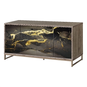 ACME Payo Wood/Metal Console Cabinet in Black Marble Paint/Oak & Champagne
