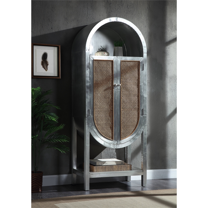 ACME Ogden Transitional Aluminum and Rattan Bookcase with Two Doors in Aluminum