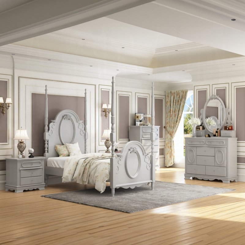 ACME Flora Transitional Wooden Floral Motifs Full Bed with Poster in Gray