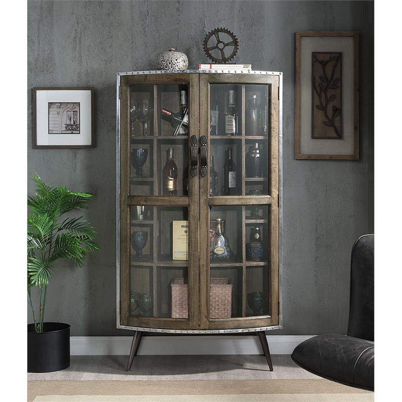 ACME Brancaster Aluminum and Wood Accent Cabinet with Splayed Legs in Oak