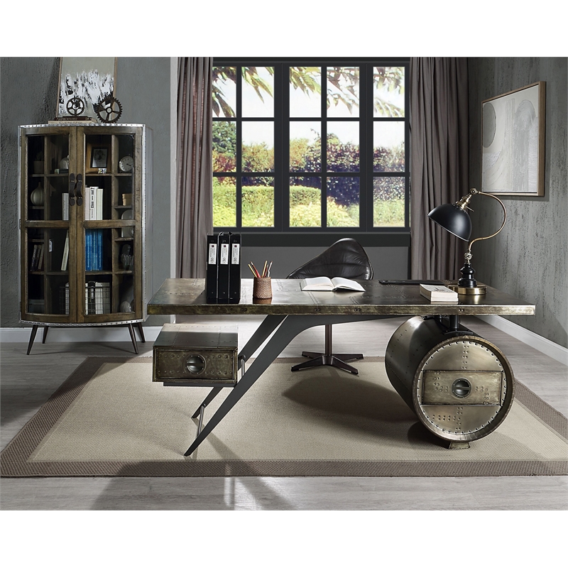 ACME Brancaster Aluminum and Wood Accent Cabinet with Splayed Legs in Oak