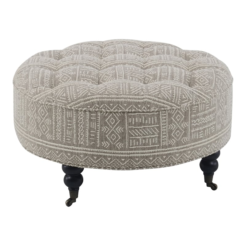 ACME Upendo Fabric and Wood Upholstered Ottoman with Casters in Pattern Gray