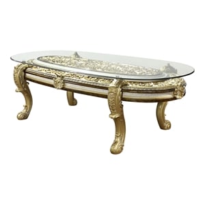 ACME Desiderius Wood Oval Dining Table in Antique Gold and Hand Paint Brown