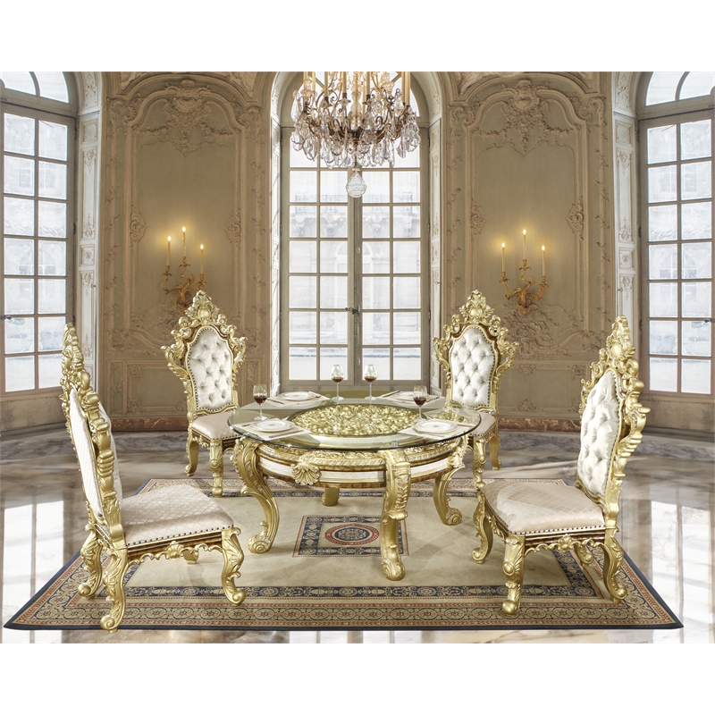 ACME Desiderius Faux Leather Side Chair in Beige and Antique Gold (Set of 2)