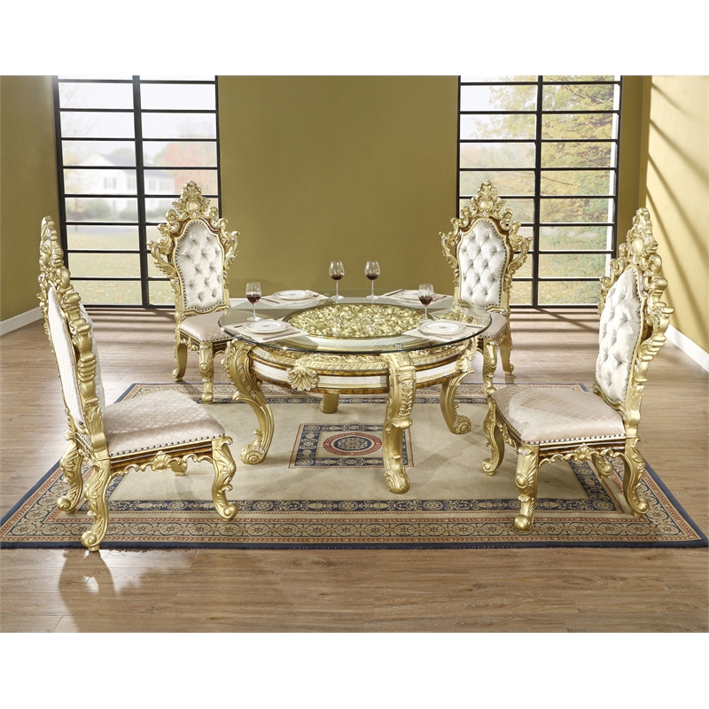 ACME Desiderius Faux Leather Side Chair in Beige and Antique Gold (Set of 2)