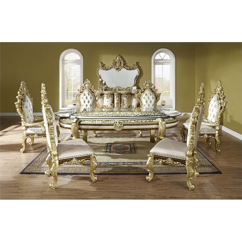 ACME Desiderius Faux Leather Side Chair in Beige and Antique Gold (Set of 2)