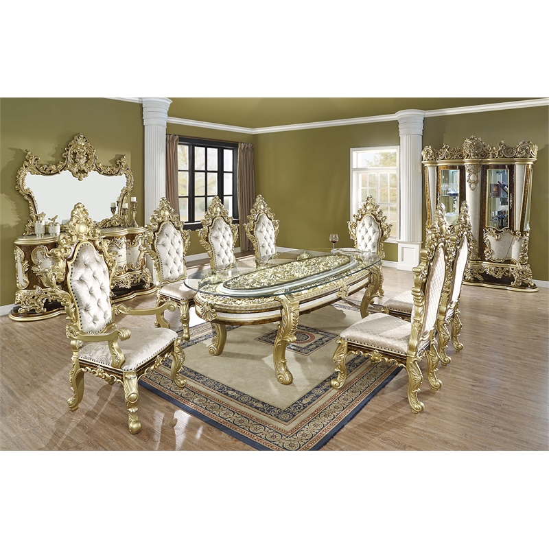 ACME Desiderius Faux Leather Side Chair in Beige and Antique Gold (Set of 2)