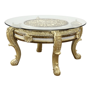 ACME Desiderius Wood Round Dining Table in Antique Gold and Hand Paint Brown