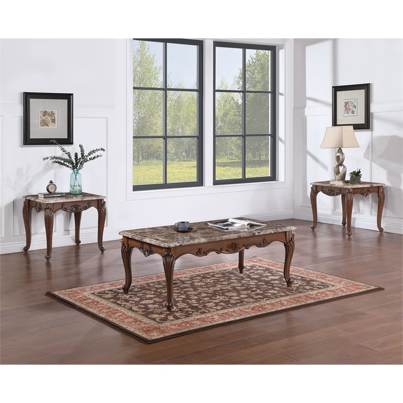 ACME Nayla Marble Rectangular End Table with Floral Legs in Cherry