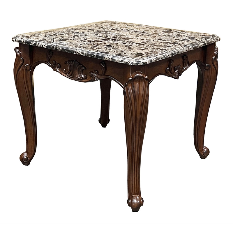 ACME Nayla Marble Rectangular End Table with Floral Legs in Cherry
