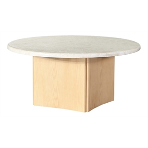 ACME Qwin Marble and Wood Round Coffee Table with Curved Base in Natural Oak