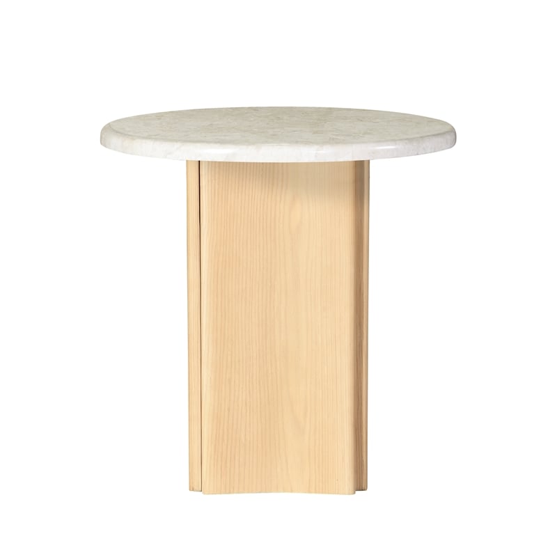 ACME Qwin Marble and Wood Round End Table with Geometric Pedestal in Natural Oak
