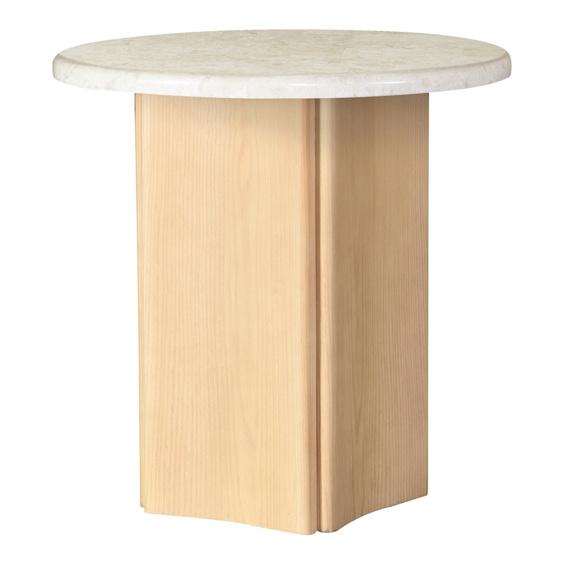 ACME Qwin Marble and Wood Round End Table with Geometric Pedestal in Natural Oak
