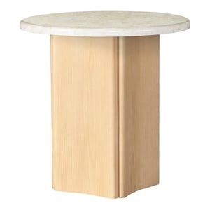 ACME Qwin Marble and Wood Round End Table with Geometric Pedestal in Natural Oak