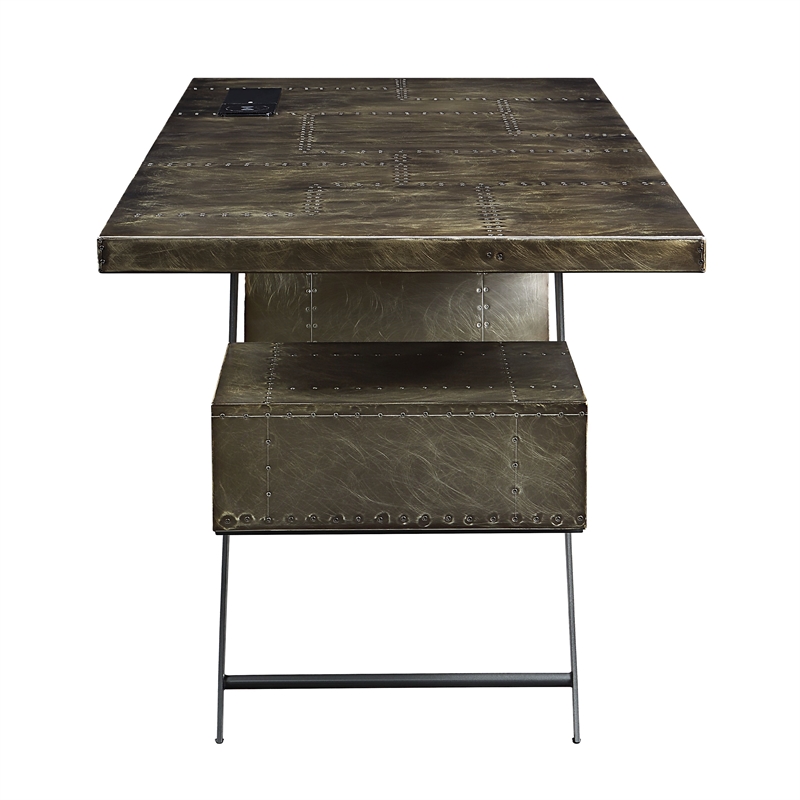 ACME Brancaster Aluminum 2-Drawers Executive Desk with USB Port in Bronze