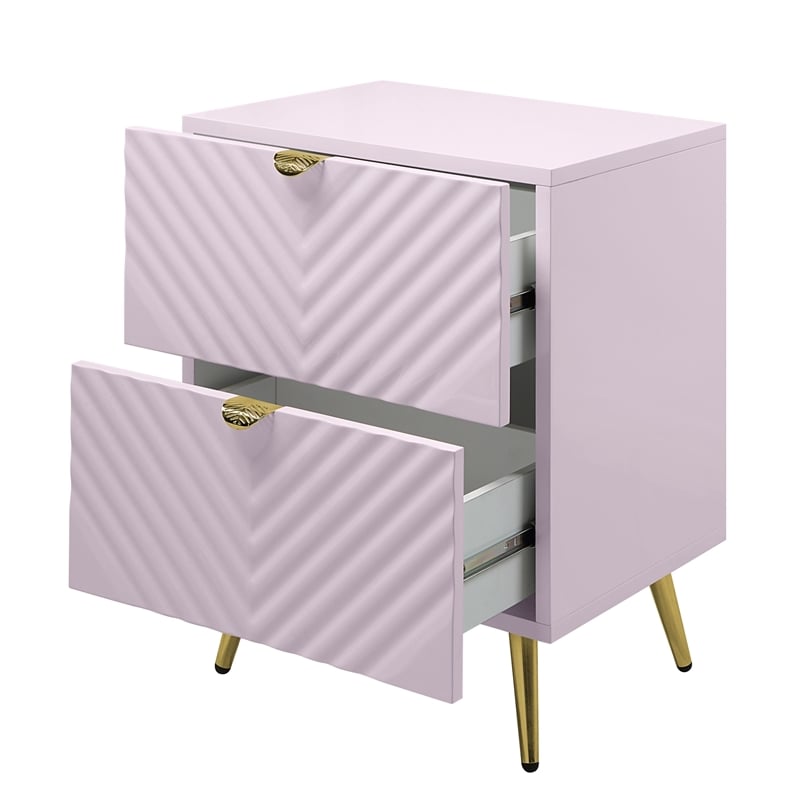 ACME Gaines 2-Drawer Contemporary Wood/Metal Nightstand in Pink High Gloss