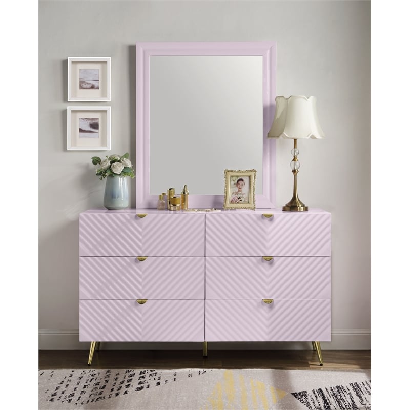 ACME Gaines Contemporary MDF Wood Mirror in Pink High Gloss Finish