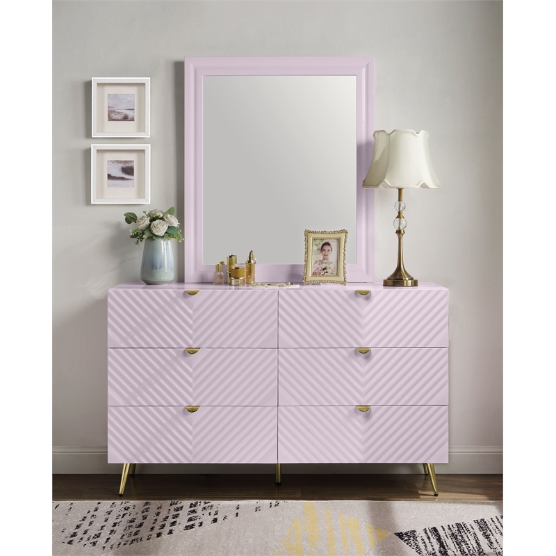ACME Gaines 6-Drawer Contemporary Wood/Metal Dresser in Pink High Gloss