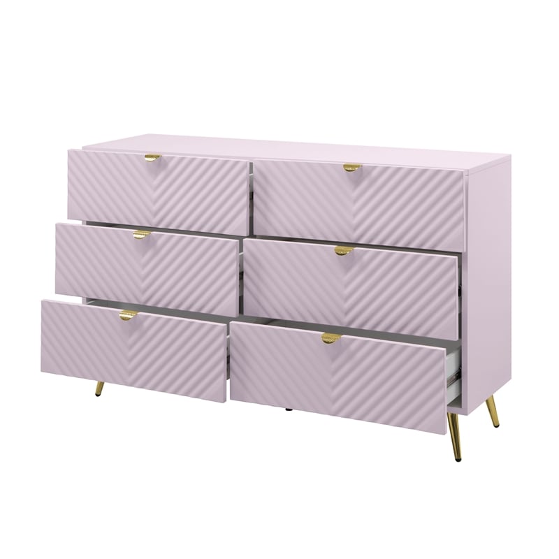 ACME Gaines 6-Drawer Contemporary Wood/Metal Dresser in Pink High Gloss