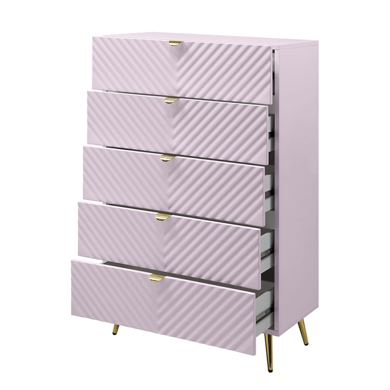 ACME Gaines 5-Drawer Contemporary Wood/Metal Chest in Pink High Gloss