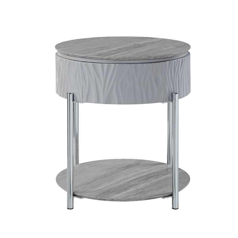 ACME Yukino Contemporary Wood/Metal End Table in Gray High Gloss and Chrome
