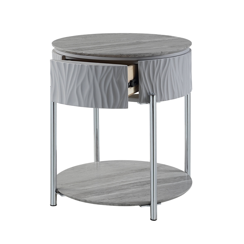 ACME Yukino Contemporary Wood/Metal End Table in Gray High Gloss and Chrome