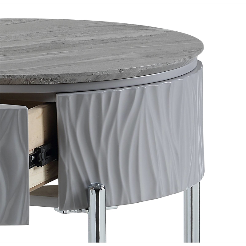 ACME Yukino Contemporary Wood/Metal End Table in Gray High Gloss and Chrome