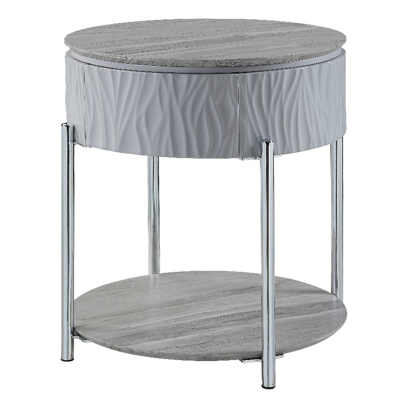 ACME Yukino Contemporary Wood/Metal End Table in Gray High Gloss and Chrome