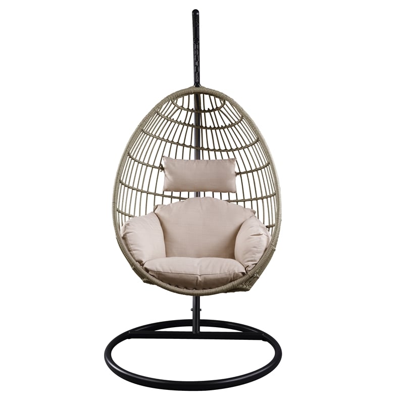 ACME Vasant Outdoor Patio Hanging Chair with Stand in Beige Fabric & Wicker