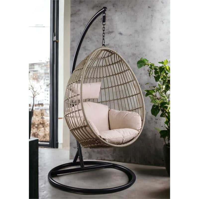 ACME Vasant Outdoor Patio Hanging Chair with Stand in Beige Fabric & Wicker